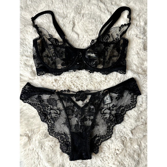 Honey Birdette WHITNEY🖤 Black Floral Lace 2 Piece Set 32DD & XS Brief - Picture 2 of 8